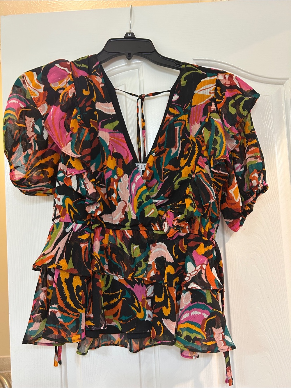 TCEC Black Multi Floral Ruffle V-Neck Blouse